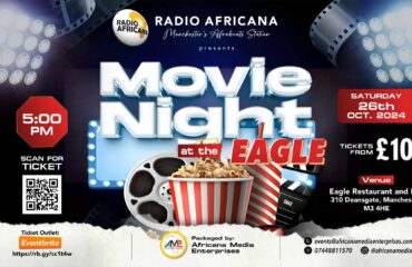 Flyer for Radio Africana’s Movie Night at Eagle Restaurant, Manchester
