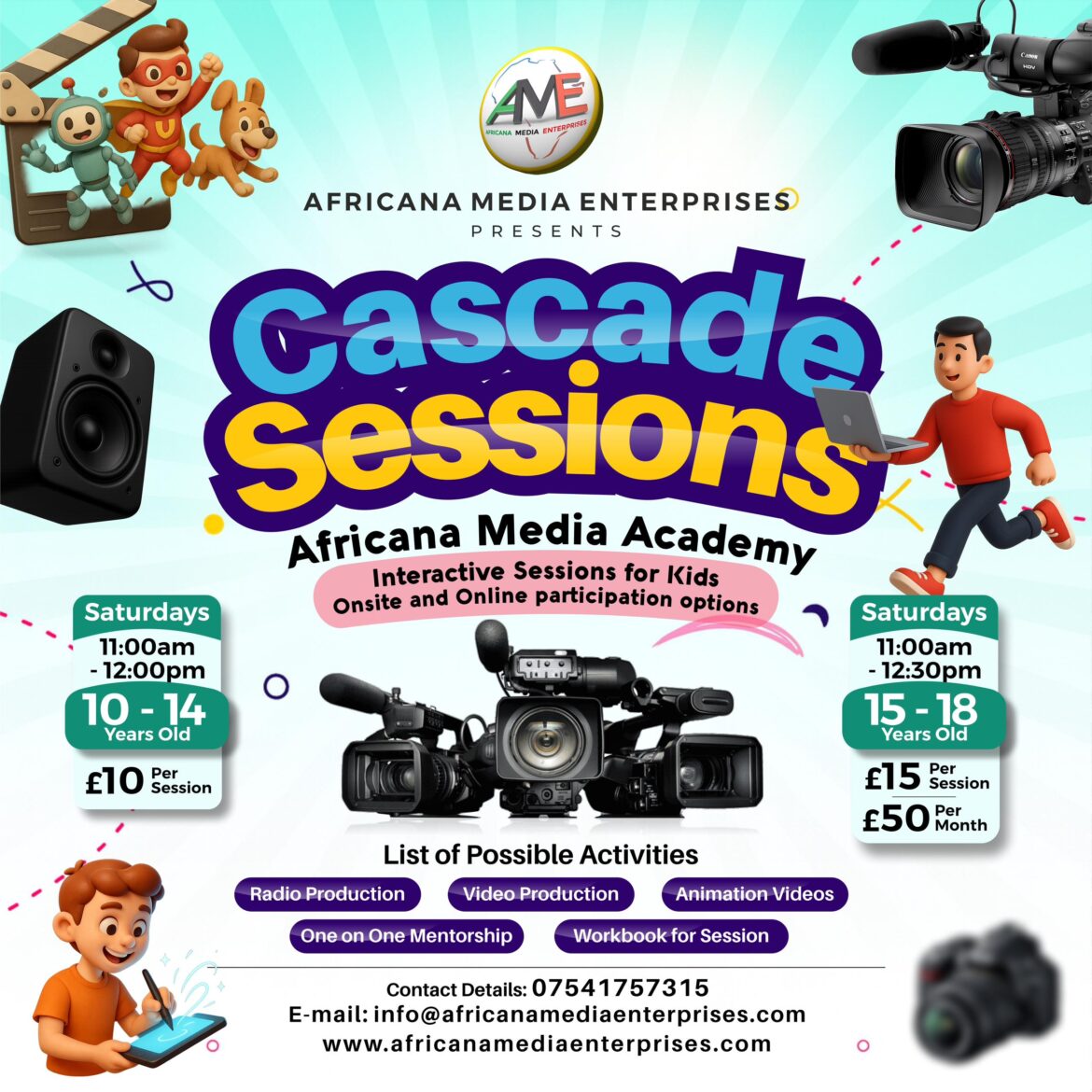 Cascade Sessions flyer by Africana Media Enterprises promoting youth media, animation, and radio training in Salford.