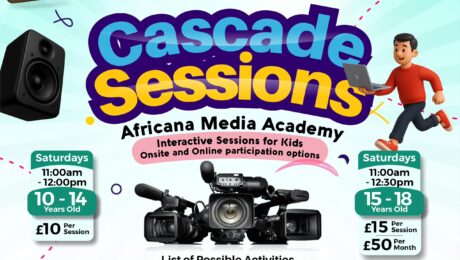 Cascade Sessions flyer by Africana Media Enterprises promoting youth media, animation, and radio training in Salford.