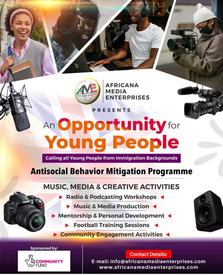 Flyer promoting the Antisocial Behaviour Mitigation Programme for young people by Africana Media Enterprises CIC, supported by The National Lottery Community Fund.
